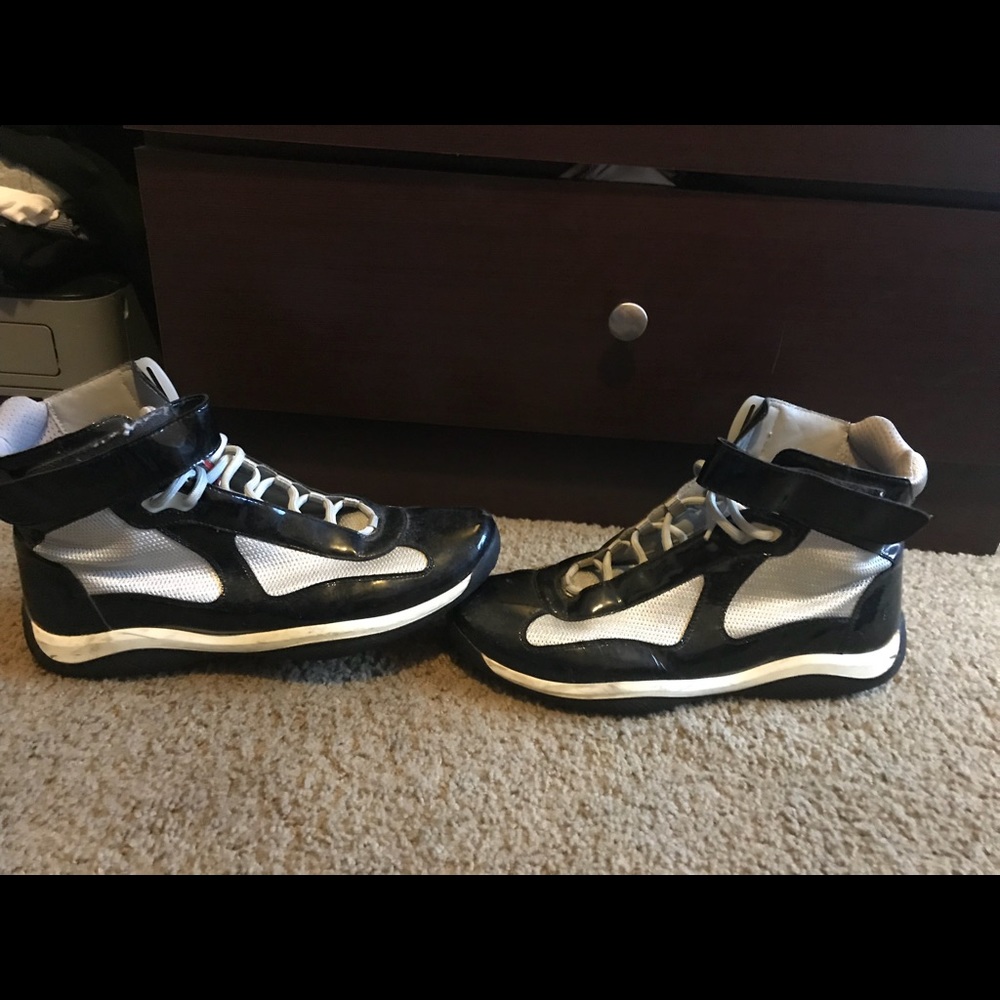 High top black and silver Prada sneakers